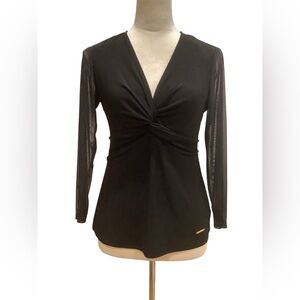 Anne Klein Elegant Sheer Sleeves Black V-Neck Top Blouse Size S